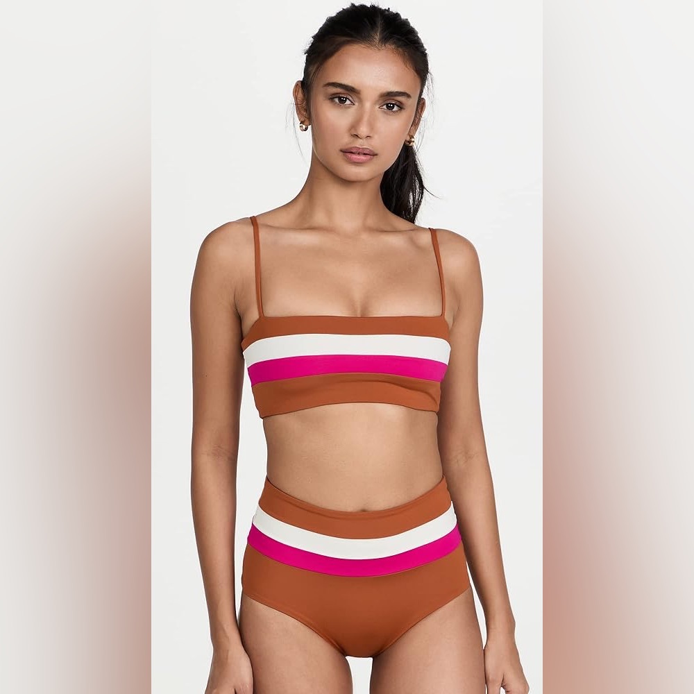 L*Space Set Rebel Stripe Top and Portia Stripe Bikini Bottom Size Small Brown